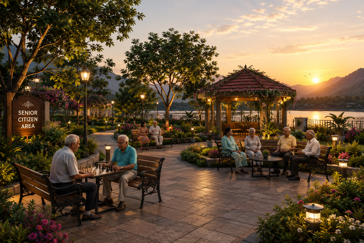 Senior citizen sit-out area amid landscaped gardens